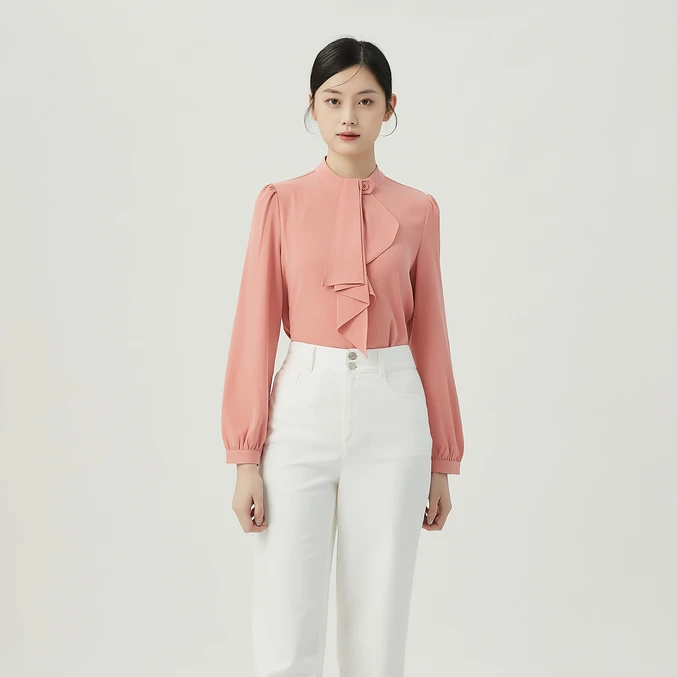 GIRDEAR/哥弟新款通勤时尚百搭立领荷叶边长袖单排扣衬衫-1300744