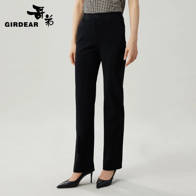 GIRDEAR/哥弟气质时尚百搭通勤休闲显瘦黑色招牌直筒裤女-1100454