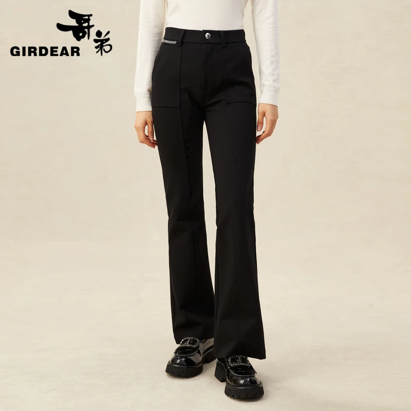 GIRDEAR/哥弟秋冬新款高腰美腿微喇纯色磨毛加绒保暖长裤1100429