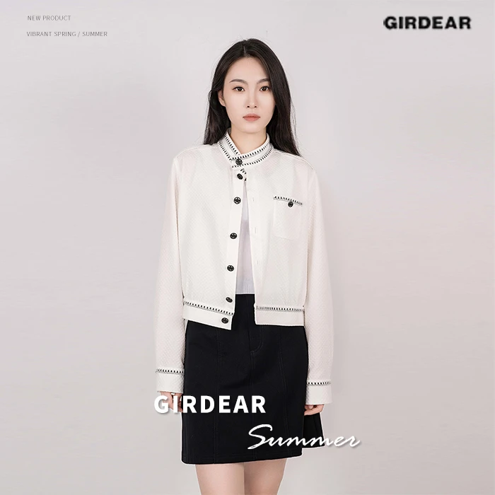 GIRDEAR/哥弟潮牌小香风薄款圆领短外套提花白色时尚短款1400675