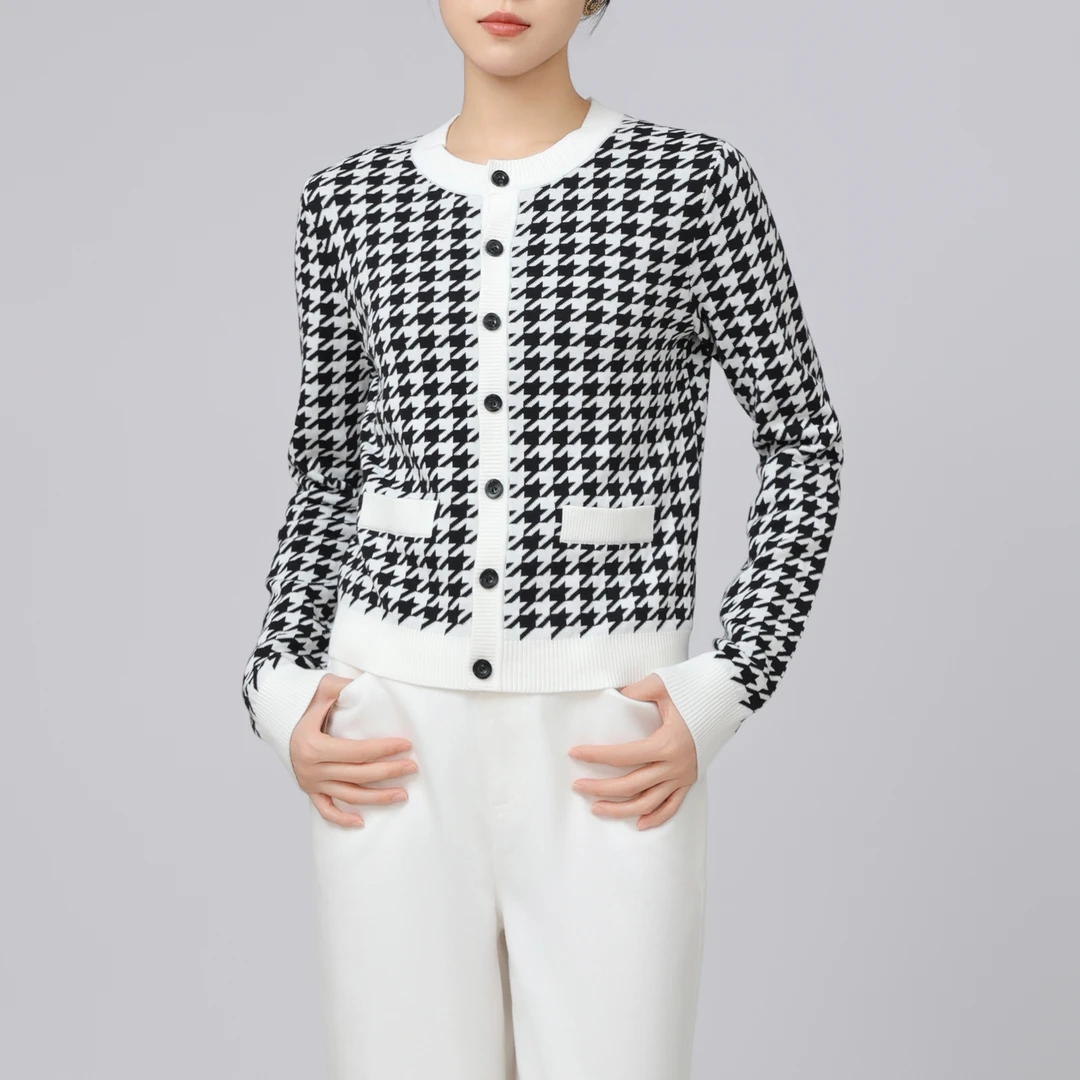 GIRDEAR/哥弟2024新款千鸟格针织衫时尚百搭短款开衫外套1499243