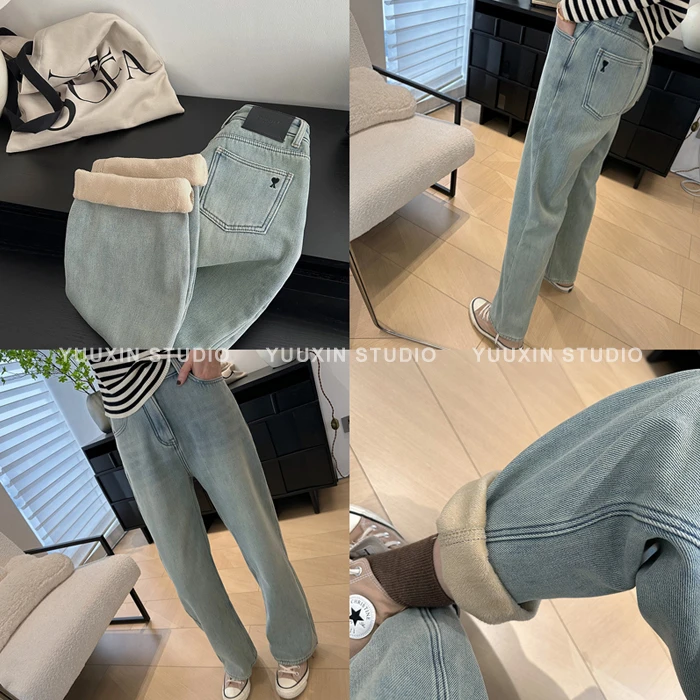 YUUXIN/辛辛家【爱心A牛仔~】冬高腰宽松复合厚绒直筒刺绣牛仔裤S