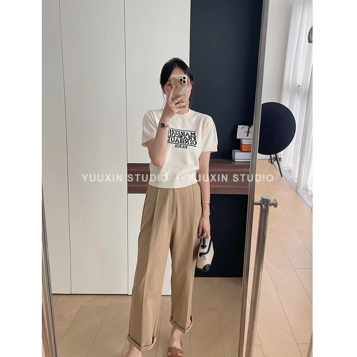 YUUXIN/辛辛家【巴黎轻行~】秋季宽松高腰百搭休闲九分裤S