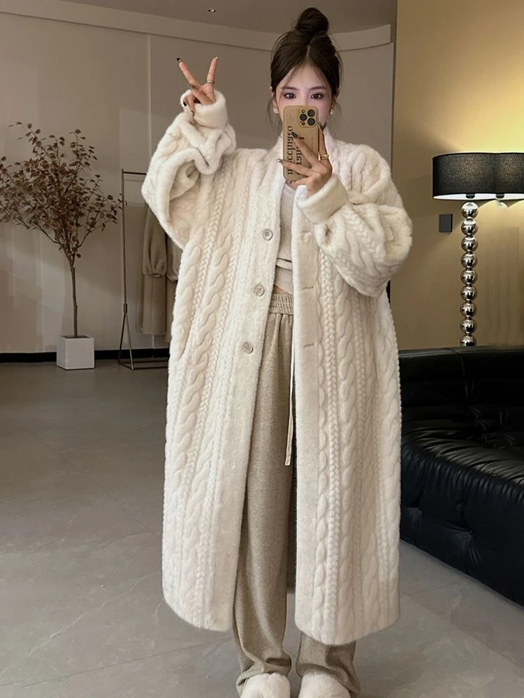 时尚加厚冬季百搭长款仿水貂毛绒麻花貂韩版皮毛一体环保外套毛毛