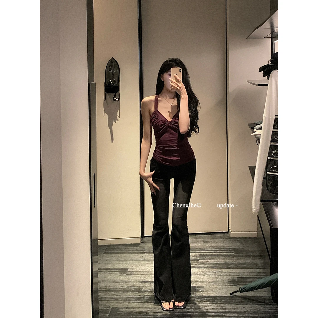 何晨曦「优越比例」黑色修身显瘦牛仔喇叭裤T0366K