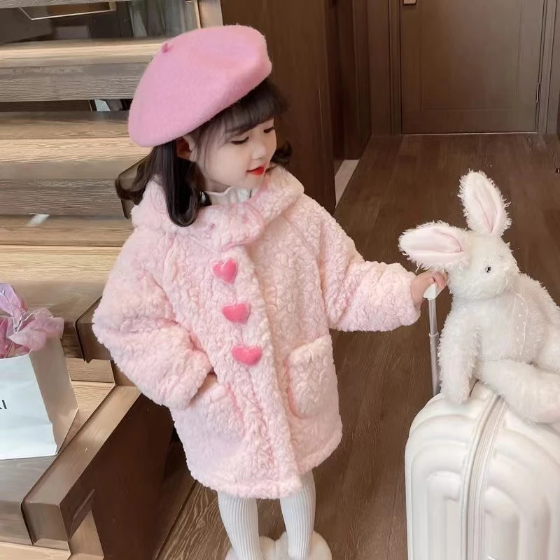 女宝宝秋冬款甜美卡通加绒加厚连帽毛毛衣外套中长款女童洋气上衣