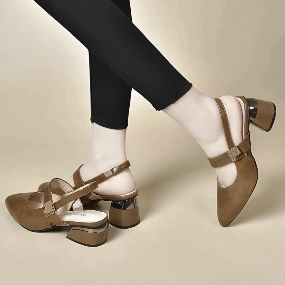2百搭时尚外穿轻便牛皮凉鞋女2025夏季新款高跟粗跟防滑舒适凉鞋