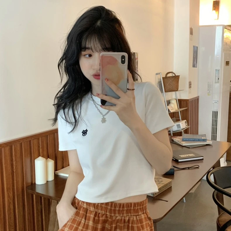 韩版修身显瘦短款T恤女2023年新款灰色圆领卡通印花短袖上衣夏季