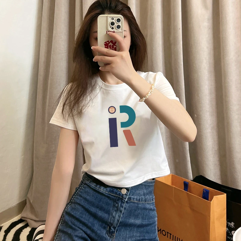 白色chic甜辣妹圆领显瘦时尚短款上衣女夏季法式小众露脐短袖T恤