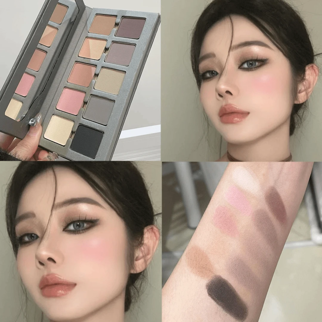 日常综合盘~木枝十色眼影盘全哑光肿眼泡低饱和大地修容腮红全脸