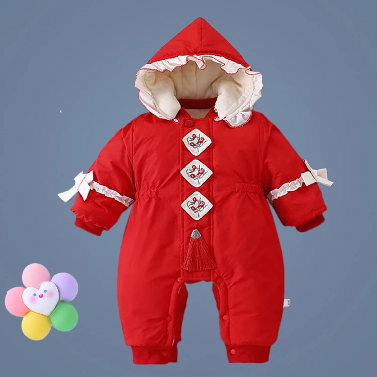 婴幼儿冬装连体棉服女宝冬季红色加绒加厚外出服连帽拉链外出服