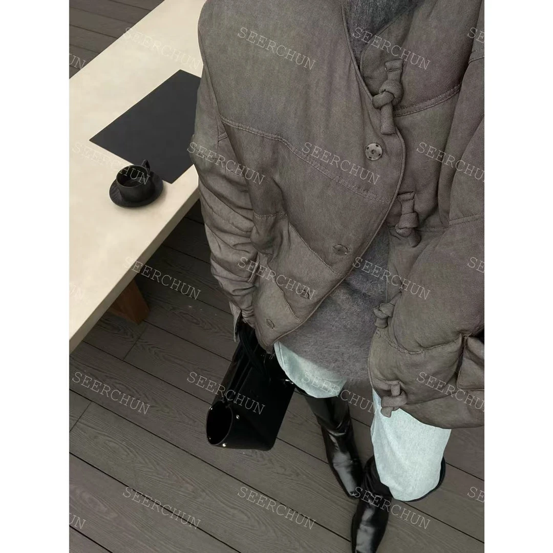 【纯纯女装】SEERCHUN高品质圆领盘扣亚麻鹅绒羽绒服 50446
