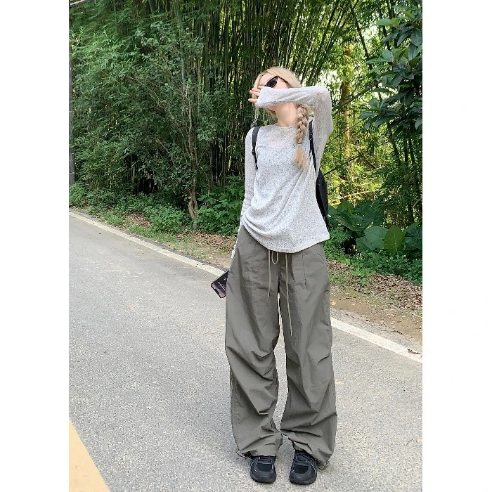 抽绳高腰休闲裤女春甜酷个性宽松拖地裤子垂感工装阔腿裤百搭长裤