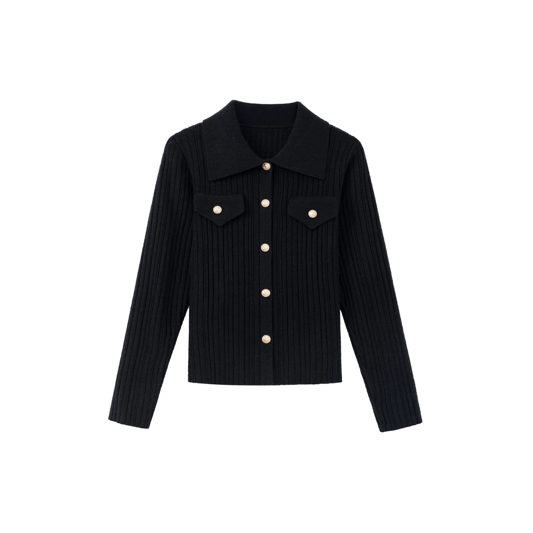 春季新款轻奢翻领针织长袖上衣百搭开衫立领毛衣加厚款L829