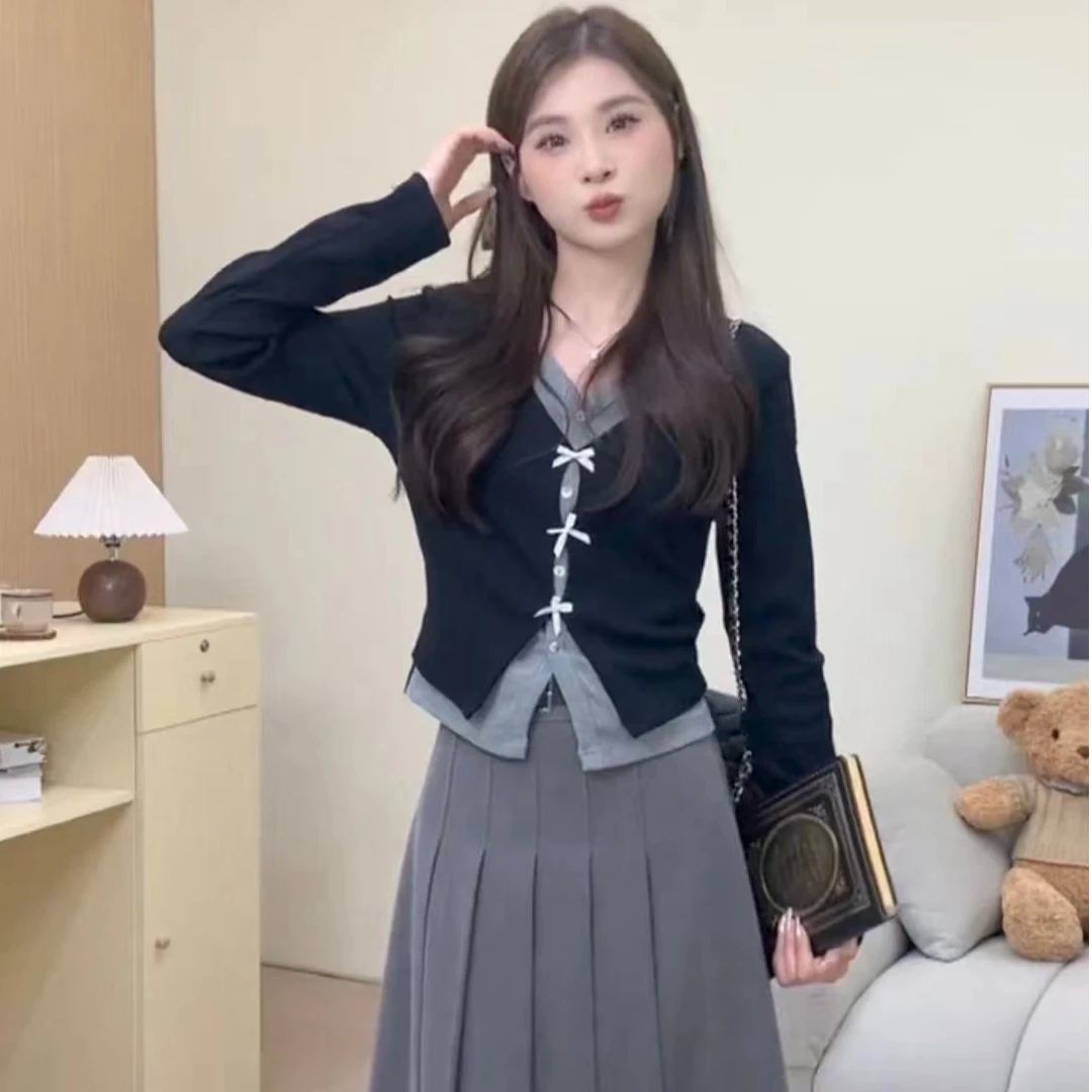 【送皮带】早秋新款针织开衫半身裙套装女高腰显瘦百褶裙气质两件套