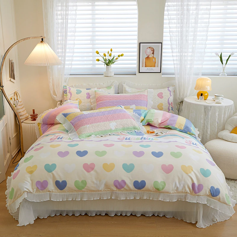 全棉花边仙女风床盖三件套纯棉韩版砂洗加厚防滑罩床