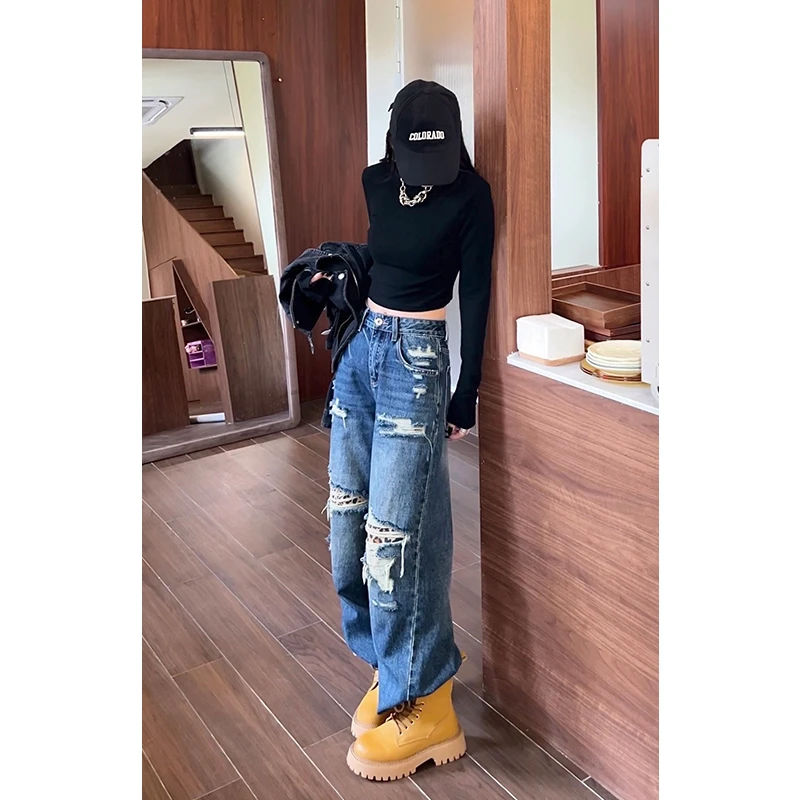 B9281【妮妮专享】秋季INS设计假破洞豹纹阔腿牛仔裤女垂感直筒裤