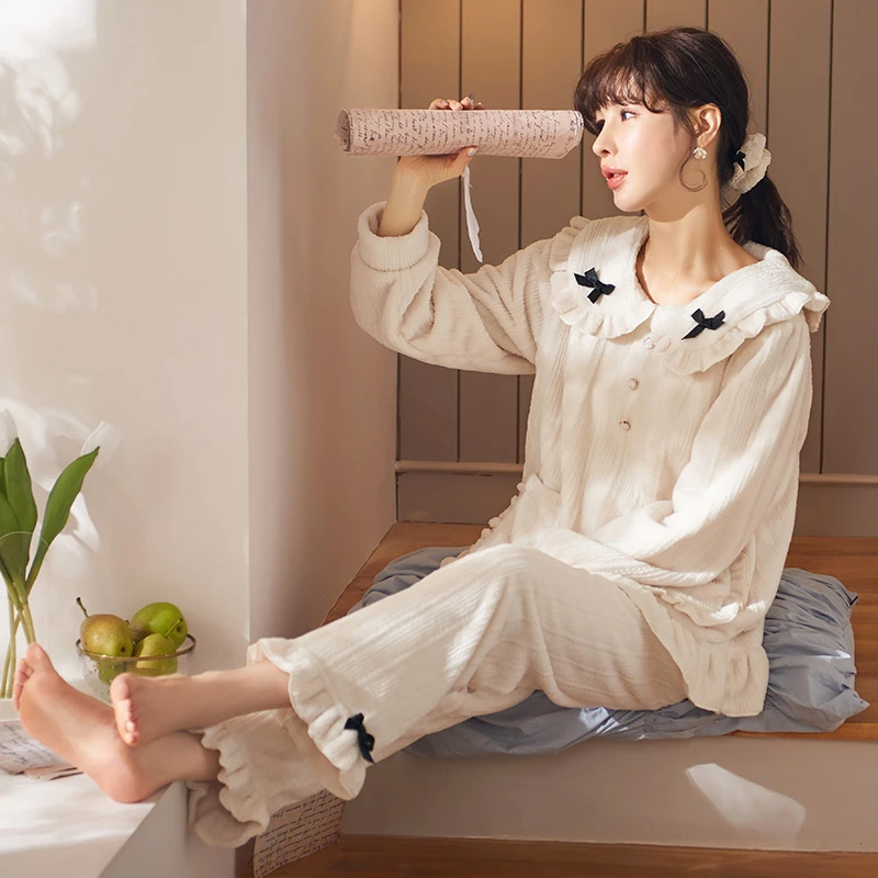 马克公主法兰绒睡衣女秋冬公主风高级感珊瑚绒加厚可外穿家居套装