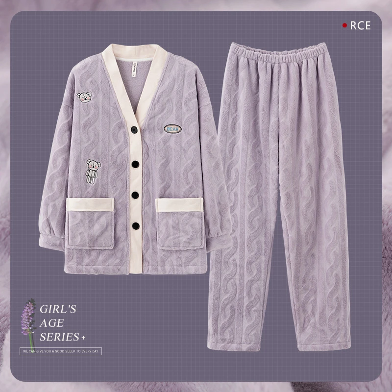 马克公主睡衣女秋冬法兰绒V领2024年新款冬天卡通日系ins风家居服