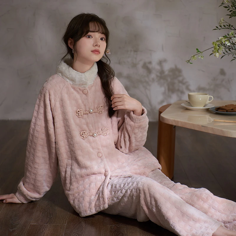 马克公主新中式睡衣女士秋冬国风家居服珊瑚绒加厚可外穿粉色套装