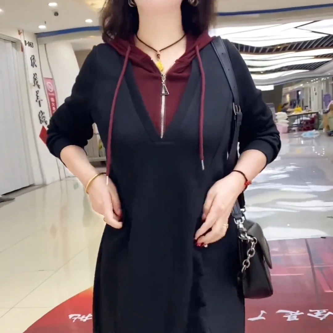 2024早秋时尚显瘦假两件连帽连衣裙长袖减龄中长款百搭气质裙子女