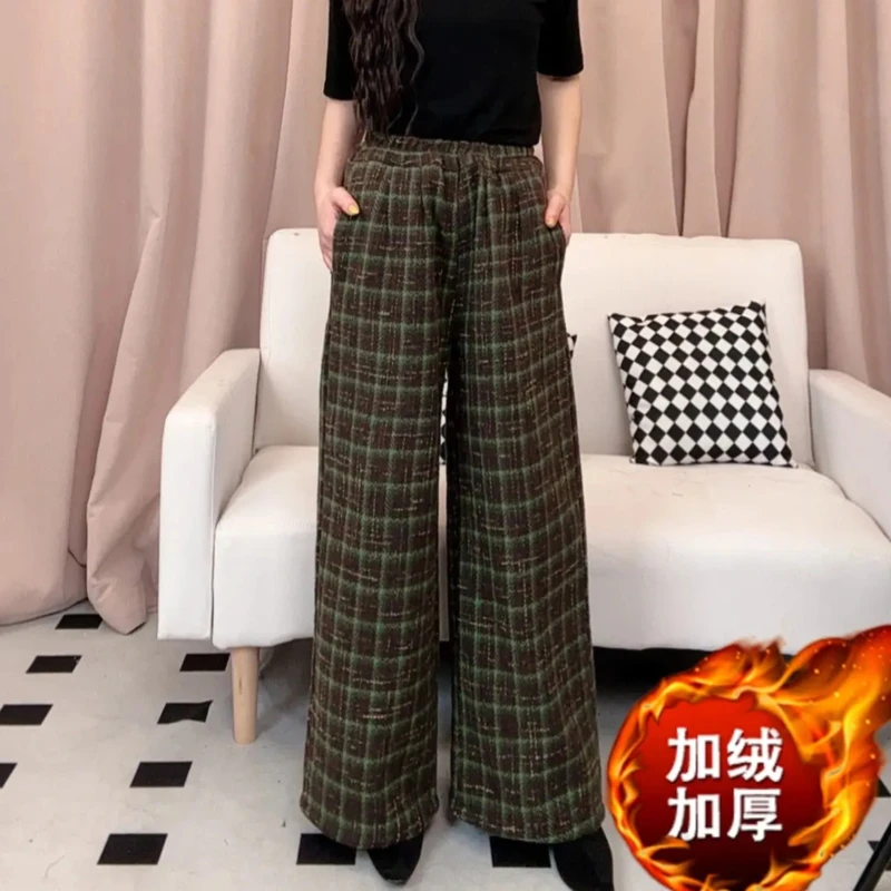 2024洋气休闲阔腿女裤新款格纹加绒加厚高腰百搭显瘦气质百搭