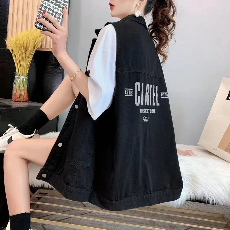 2025年春秋季新款韩版宽松时尚牛仔马甲女女装字母印花背心女外套