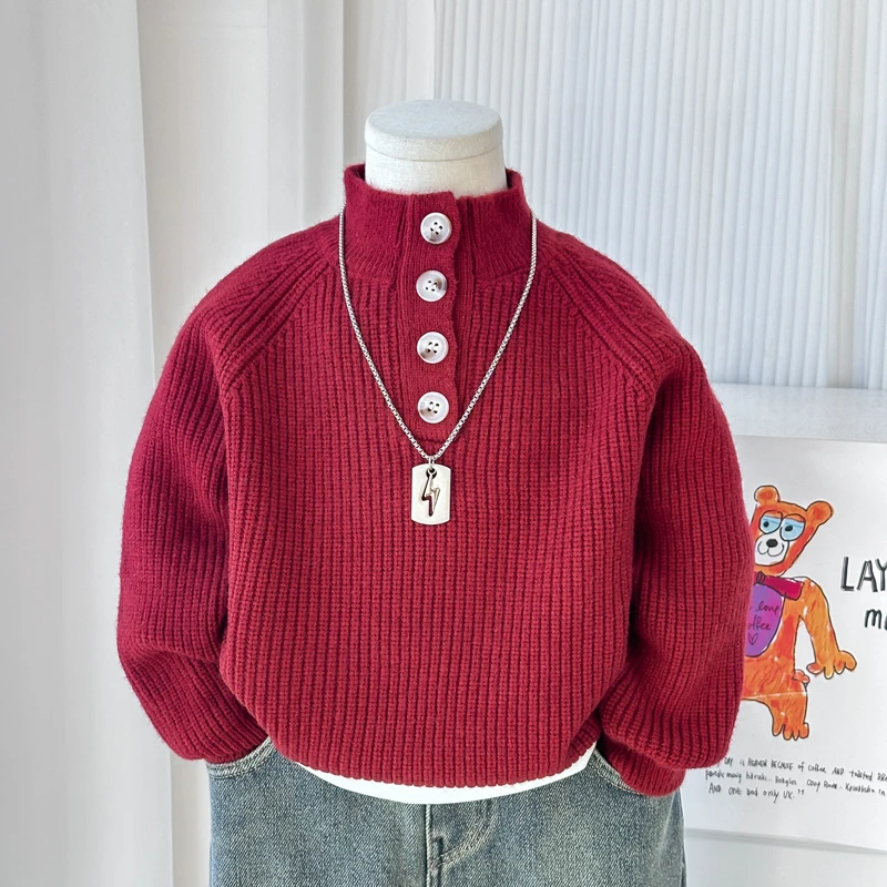 男童毛衣秋冬款儿童立领针织衫韩版休闲打底衫中小童洋气红色上衣