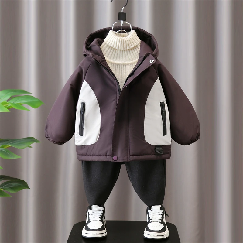 男童秋冬加绒外套2024新款帅气时髦宝宝加厚衣服儿童装二棉派克服