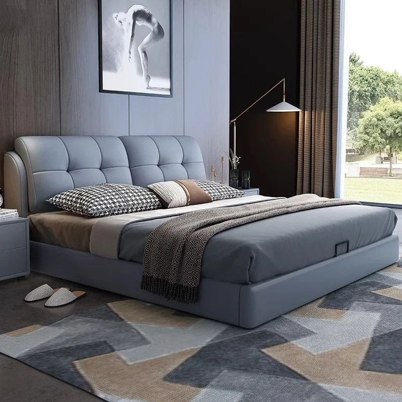 666#现代简约轻奢真皮1.8米双人床主卧大床1.5网红婚床北欧皮艺床