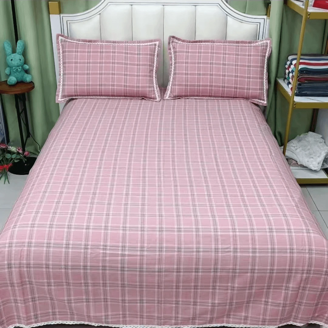 2024新款细纹粗布三件套--粉色方格（带花边）