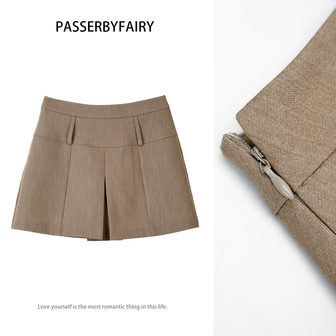 PASSERBY FAIRY 绯闻女友 浅棕色前开叉美式高腰遮胯百褶裙L600