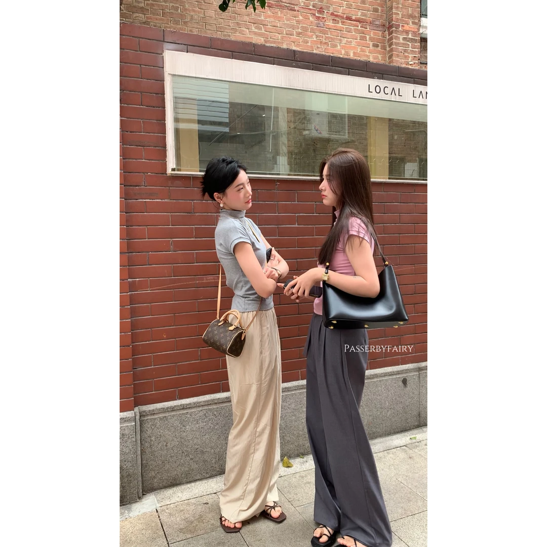 「P.Fairy」灰色西装阔腿拖地裤韩版休闲气质显瘦高腰长裤xz0039