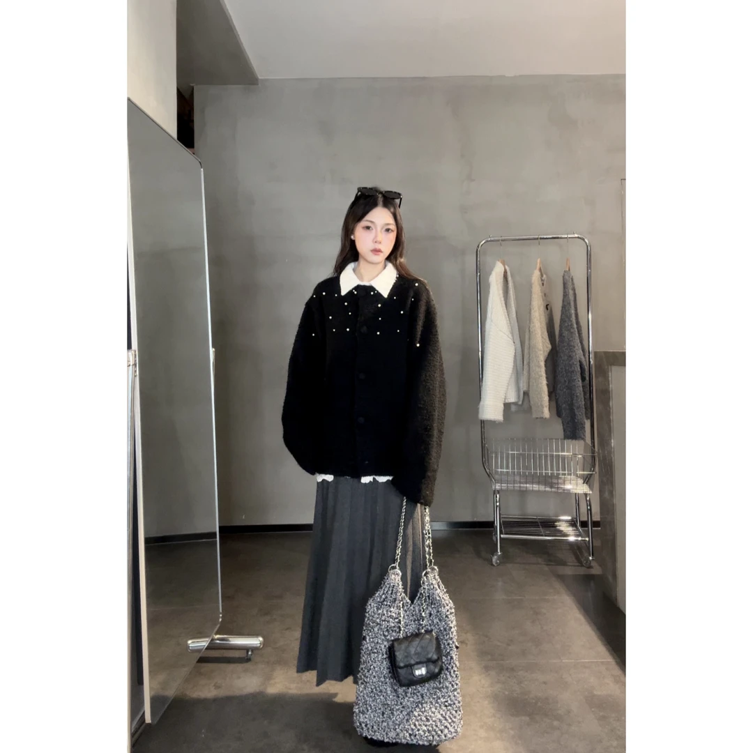 7月【半生韵华】钉珠圆领秋冬针织长袖慵懒宽松毛衣外套女（50137）