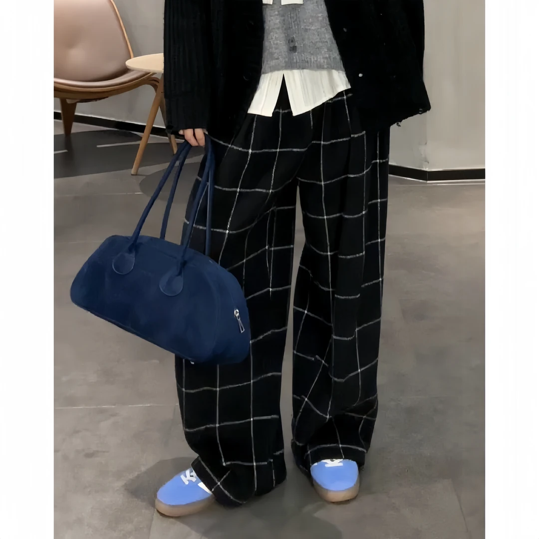【黑格子】加厚格子休闲阔腿裤女