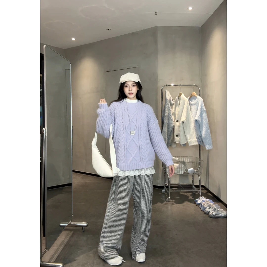 【紫色香芋】麻花套头针织毛衣女秋冬外穿加厚冬季慵懒风