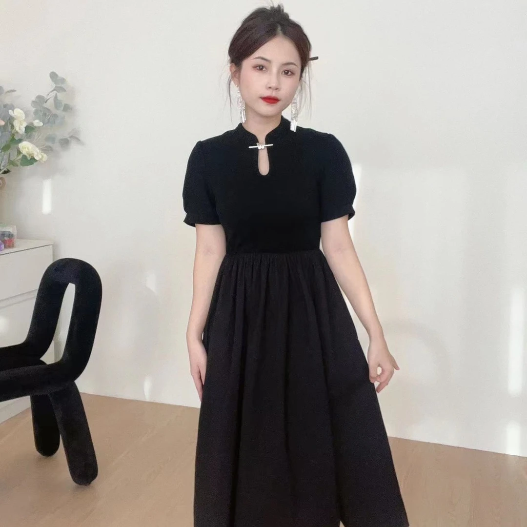 小个子小黑裙拼接新中式黑色复古收腰气质夏季长裙XXS女装连衣裙