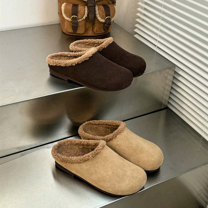 心头爱！牛翻圆头勃肯毛毛拖鞋秋冬季加绒内增高极简风包头拖鞋女