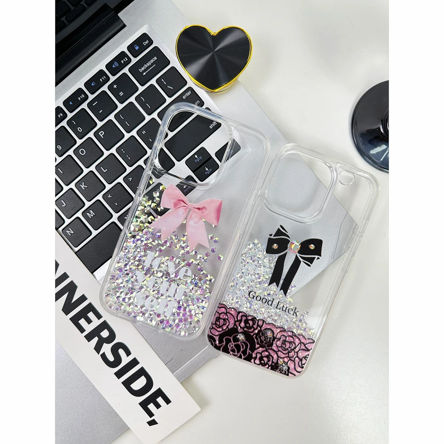 简约少女风适用于iPhone15pro粉色蝴蝶结14pro流沙款15promax壳