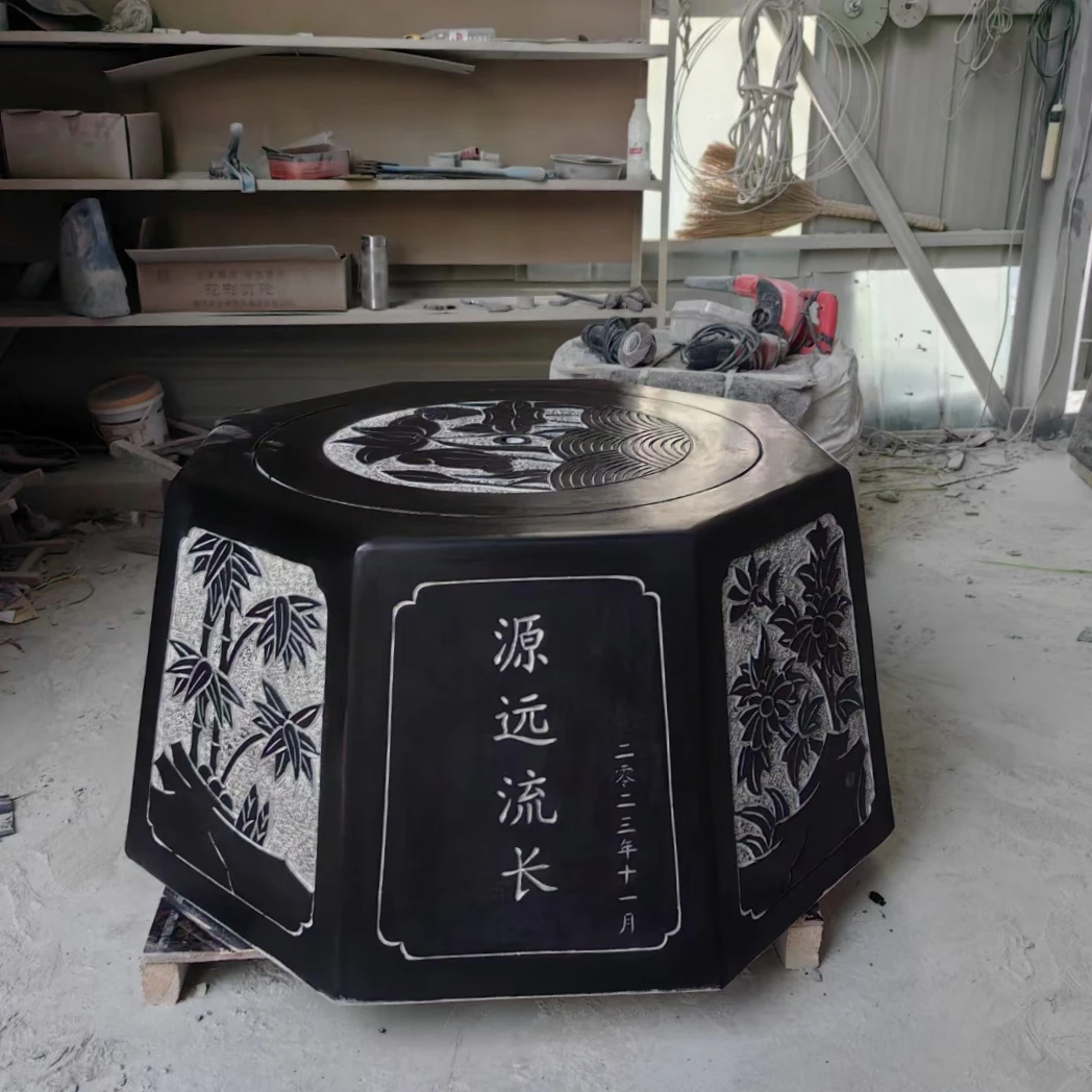 天然青石仿古井口石头井圈老式井台井盖石雕水井套围栏庭院摆件