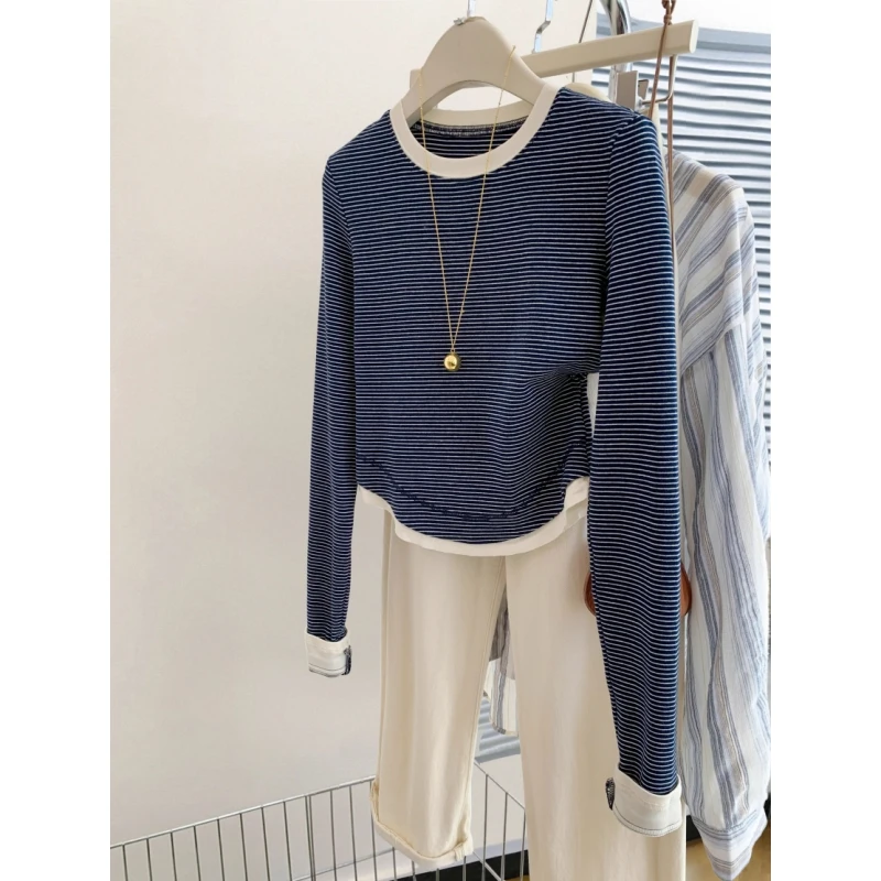 2025早春新款设计感假两件条纹长袖T恤女春秋叠穿百搭打底衫上衣