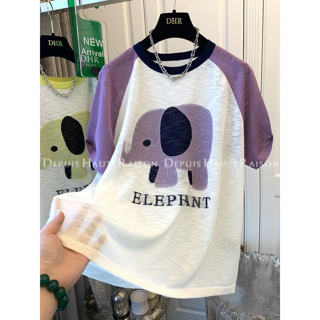 雪千羽大码胖妹妹夏季薄款撞色插肩袖t恤女新款宽松遮肉短袖上衣