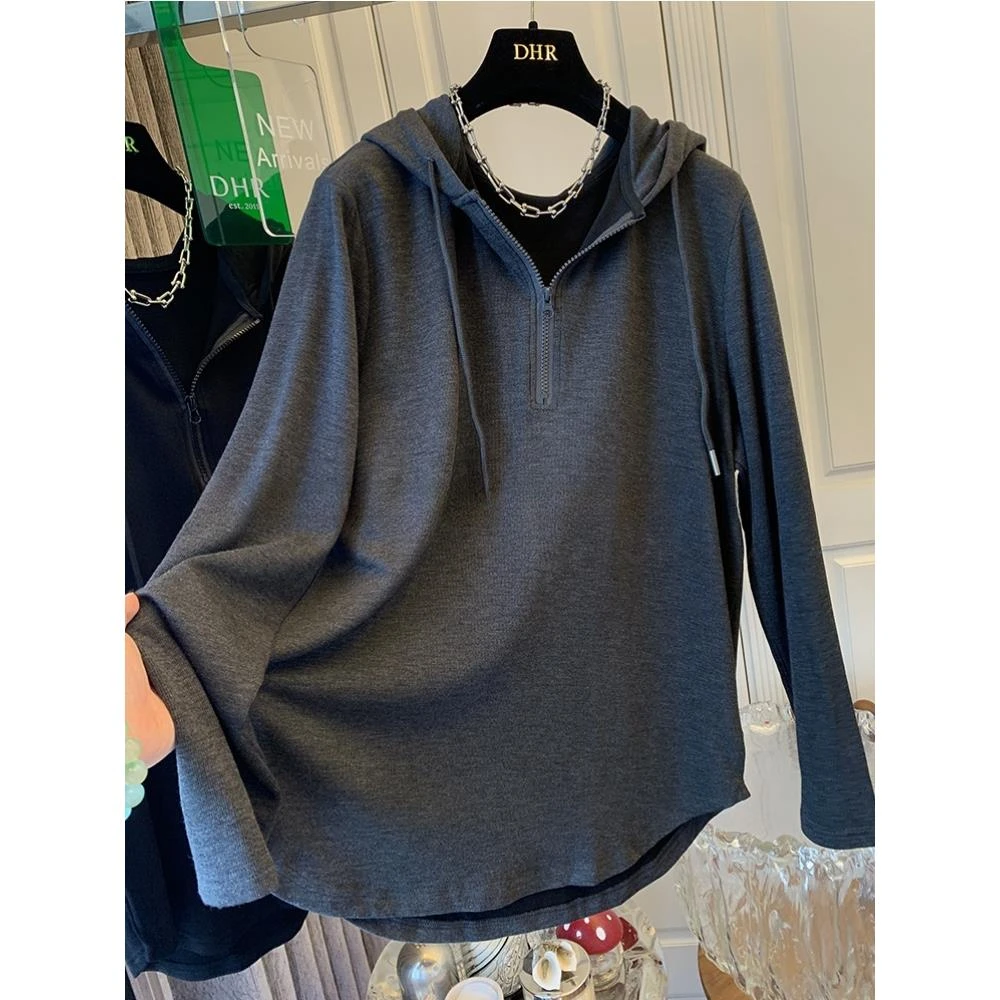 彩可娜大码胖MM早秋高级感连帽打底衫女秋冬2025新款长袖T恤上衣