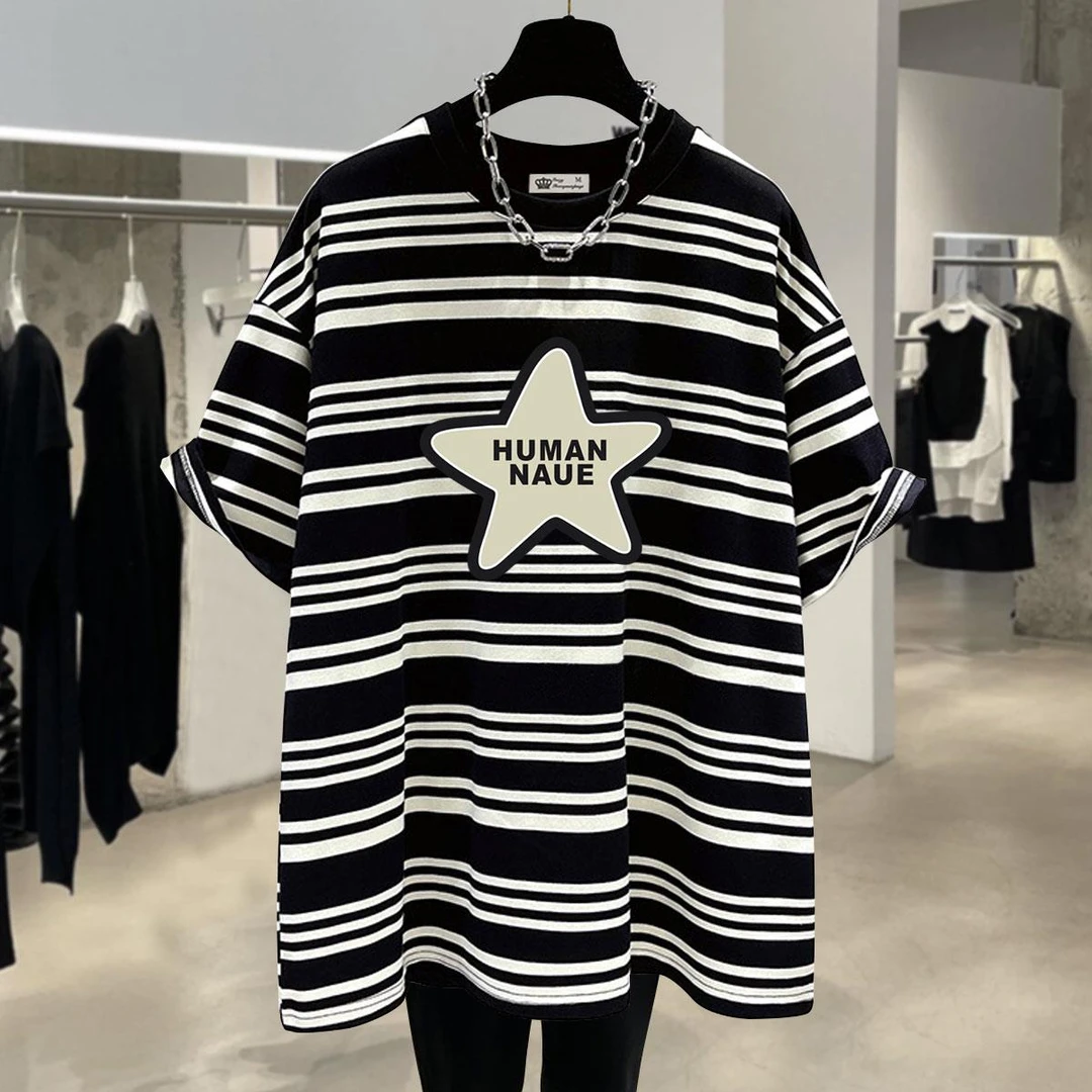 雪千羽大码条纹T恤女2025夏季新款圆领宽松大版遮肉显瘦短袖上衣