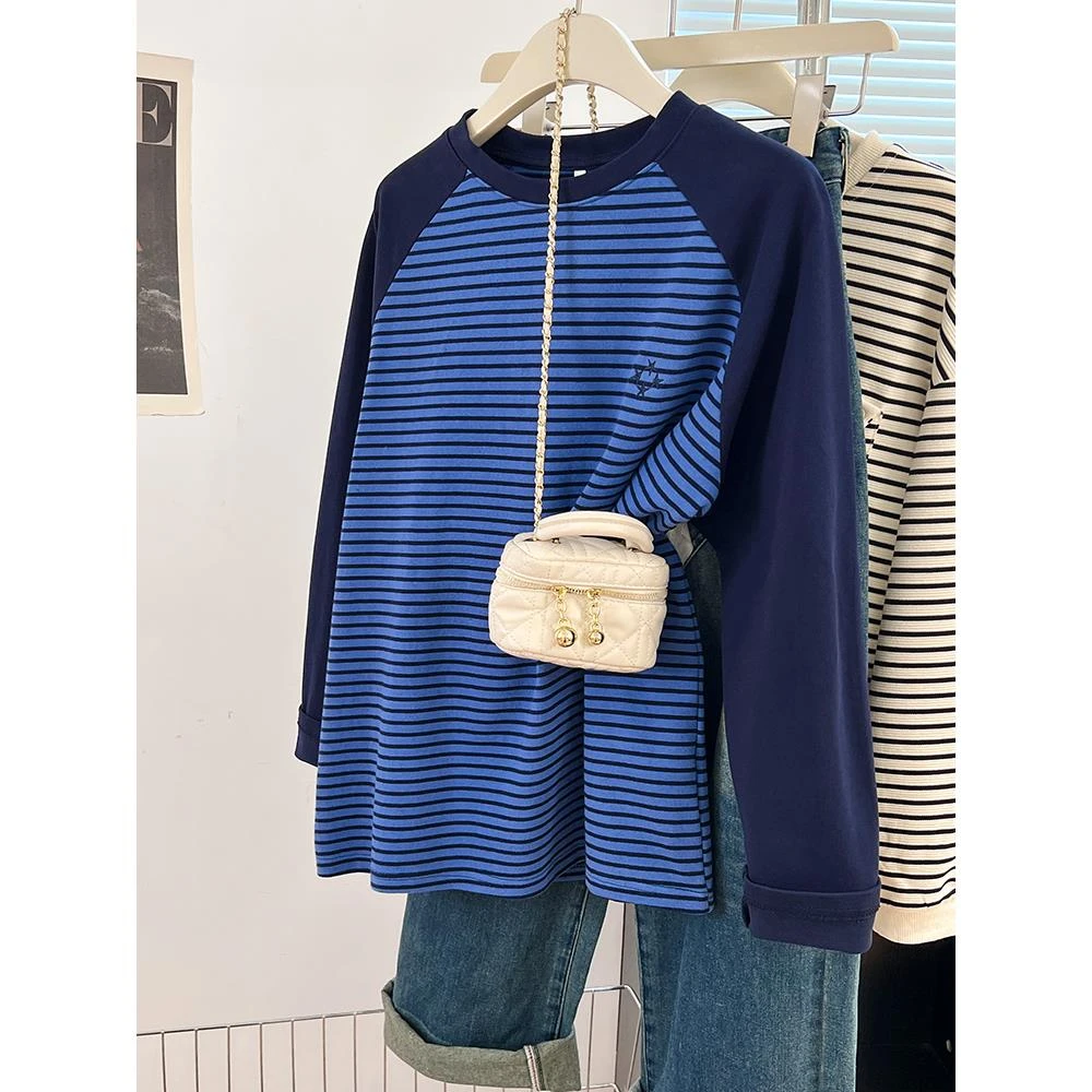 雪千羽大码胖MM美式复古条纹长袖T恤女秋季设计感宽松打底衫上衣