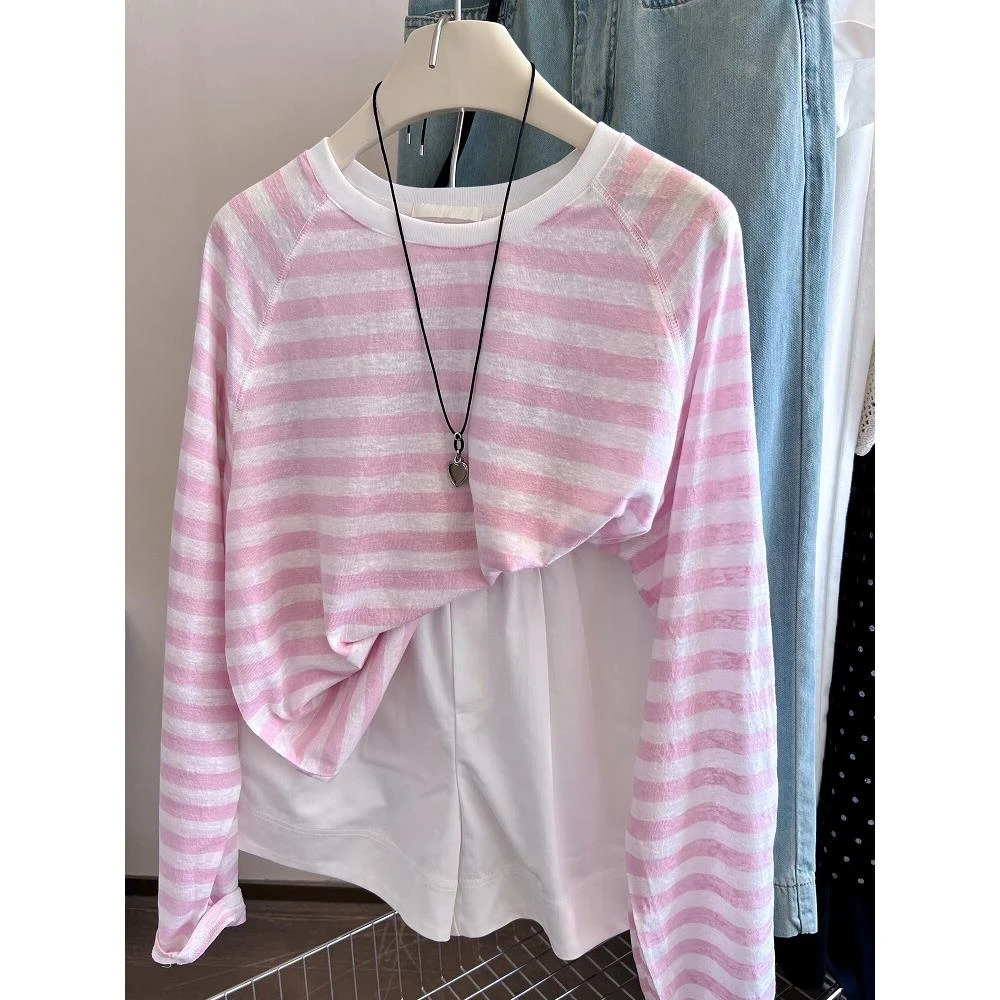 雪千羽大码胖MM粉色条纹长袖防晒T恤女夏季轻薄透气宽松百搭上衣