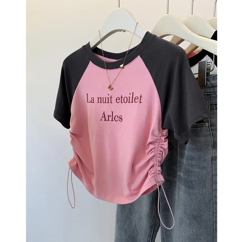 雪千羽大码短款撞色抽绳短袖t恤女夏季设计感小个子弹力高腰上衣