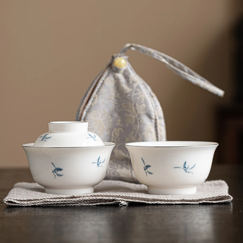 手绘兰花快客杯户外露营便携旅行茶具套装陶瓷盖碗茶杯随身单人