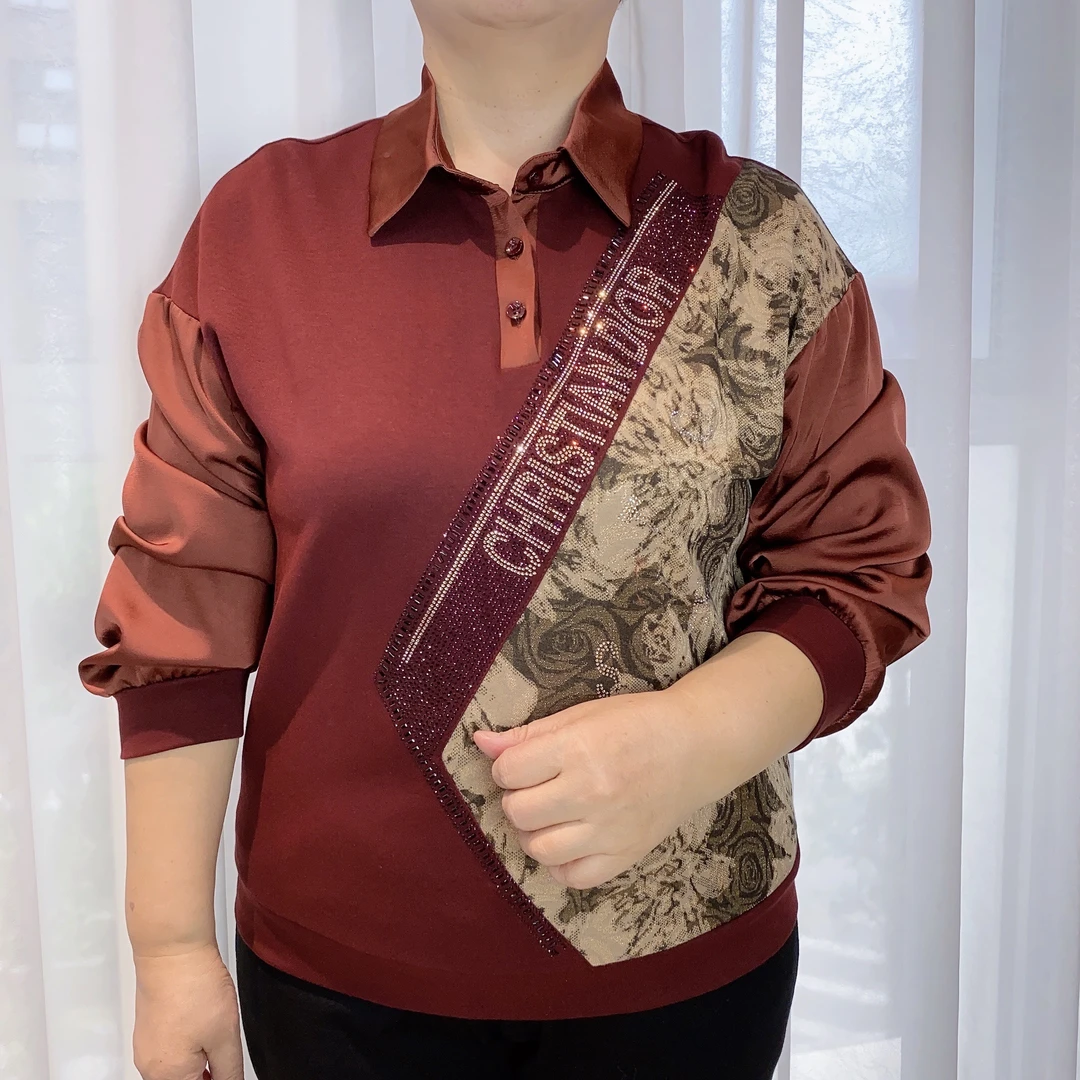 2024百搭韩系中老年妈妈装气质宽松长袖洋气字母烫钻大气上衣6543