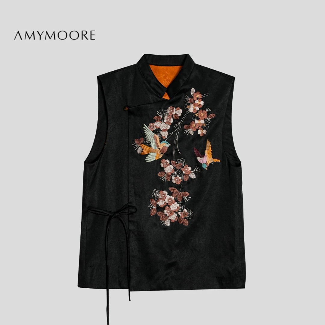 AMYMOORE【为爱放价】 绣花桑蚕丝马夹复古新中式真丝马甲 43565